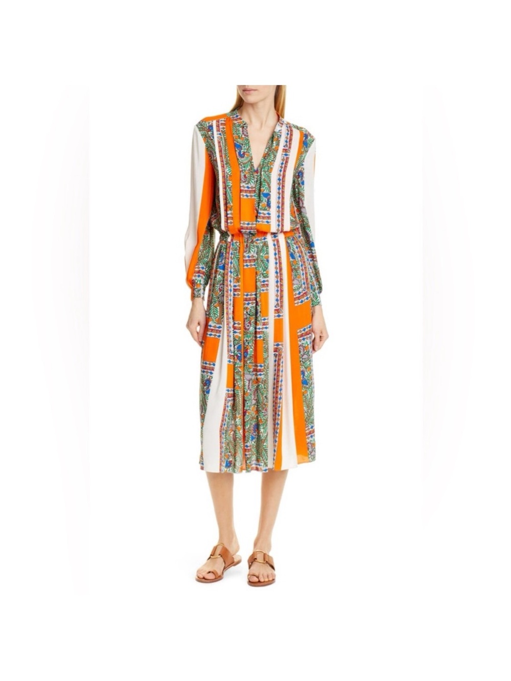 Tory Burch Orange & White Mixed-Print Midi Dress